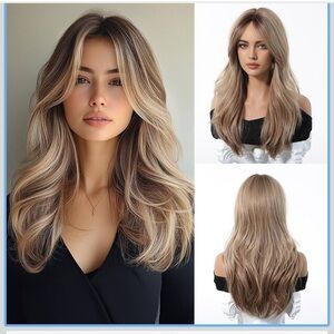 Light Brown mixed blond Layered Wig w/Curtain Bang Wavy Synthetic Heat Resistant